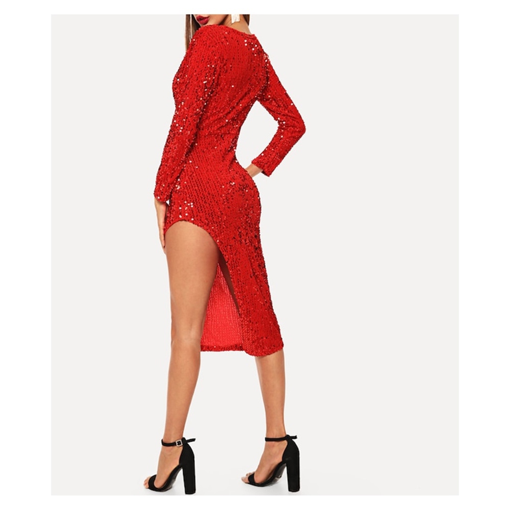Red Deep V Long Sleeve High Slit Sequin Midi Dress - Picture 3 of 8